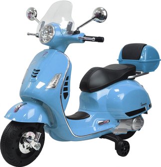 Elektrische Kinderscooter Vespa Blauw 12V met Windscherm, Koffer en Lederen zitting