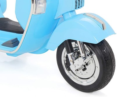 Elektrische Kinderscooter Vespa PX150 Piaggio Blauw 12V met Koffer en Lederen zitting 