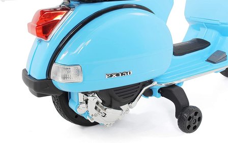 Elektrische Kinderscooter Vespa PX150 Piaggio Blauw 12V met Koffer en Lederen zitting 