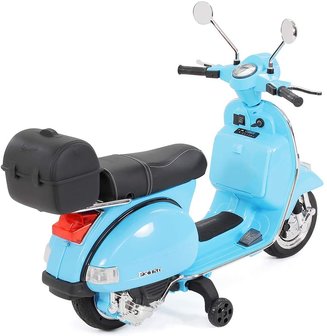 Elektrische Kinderscooter Vespa PX150 Piaggio Blauw 12V met Koffer en Lederen zitting 