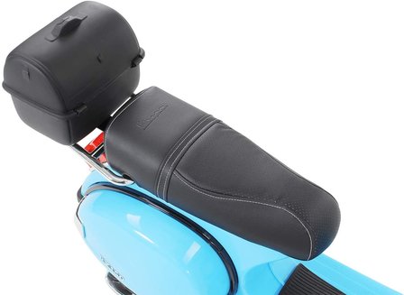 Elektrische Kinderscooter Vespa PX150 Piaggio Blauw 12V met Koffer en Lederen zitting 