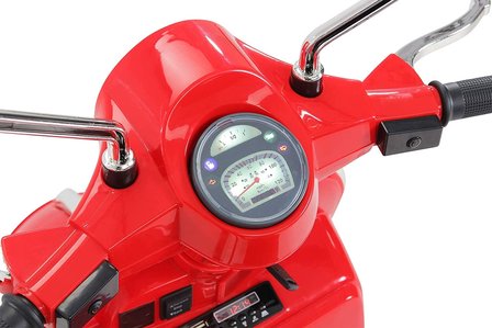 Elektrische Kinderscooter Vespa PX150 Piaggio Rood 12V met Koffer en Lederen zitting 