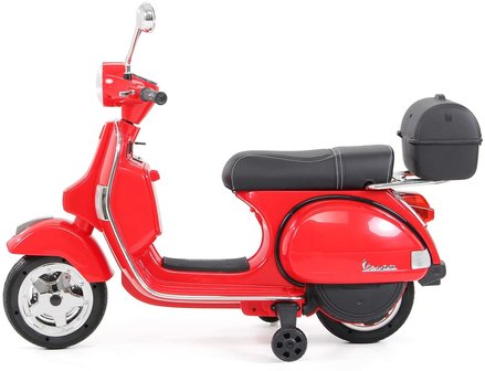 Elektrische Kinderscooter Vespa PX150 Piaggio Rood 12V met Koffer en Lederen zitting 