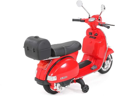 Elektrische Kinderscooter Vespa PX150 Piaggio Rood 12V met Koffer en Lederen zitting 