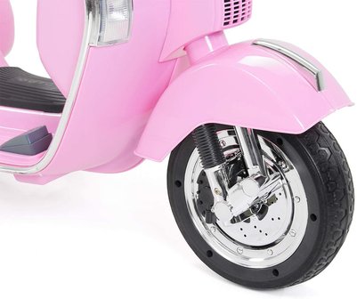 Elektrische Kinderscooter Vespa PX150 Piaggio Roze 12V met Koffer en Lederen zitting 