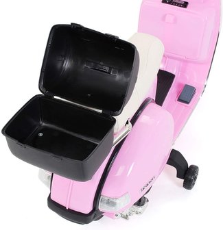 Elektrische Kinderscooter Vespa PX150 Piaggio Roze 12V met Koffer en Lederen zitting 