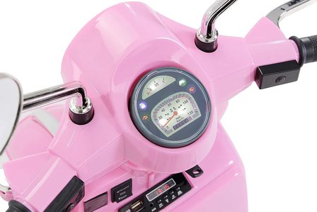 Elektrische Kinderscooter Vespa PX150 Piaggio Roze 12V met Koffer en Lederen zitting 