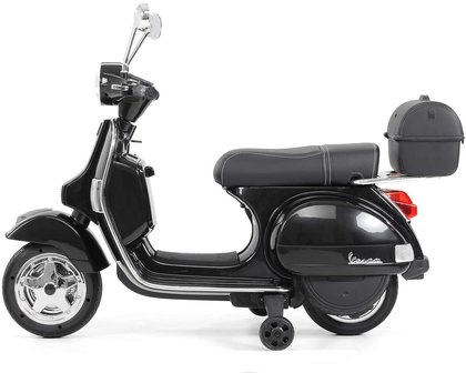 Elektrische Kinderscooter Vespa PX150 Piaggio Zwart 12V met Koffer en Lederen zitting 