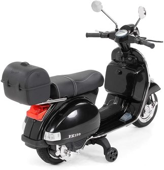 Elektrische Kinderscooter Vespa PX150 Piaggio Zwart 12V met Koffer en Lederen zitting 