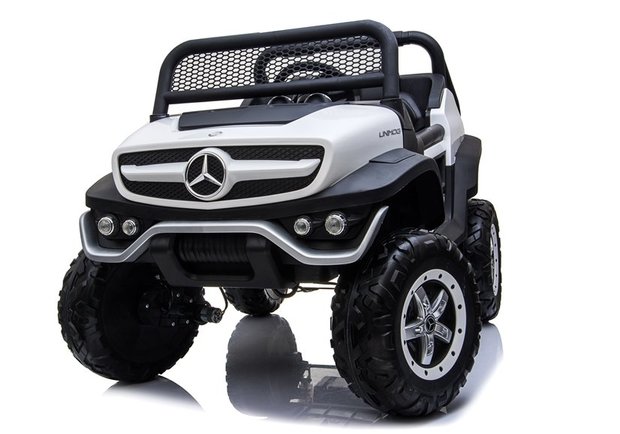 Elektrische Kinderauto Mercedes Benz Unimog Wit 2 Persoons 4x4 met Mp4 Scherm en Afstandsbediening FULL OPTIONS