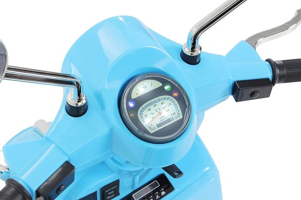 Elektrische Kinderscooter Vespa PX150 Piaggio Blauw 12V met Koffer en Lederen zitting 