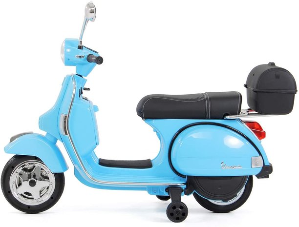 Elektrische Kinderscooter Vespa PX150 Piaggio Blauw 12V met Koffer en Lederen zitting 