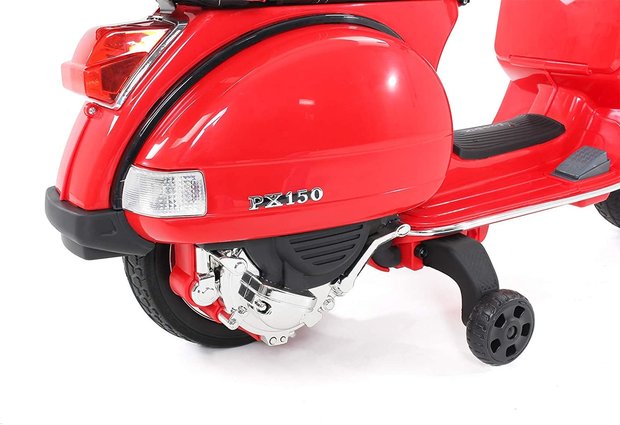 Elektrische Kinderscooter Vespa PX150 Piaggio Rood 12V met Koffer en Lederen zitting 