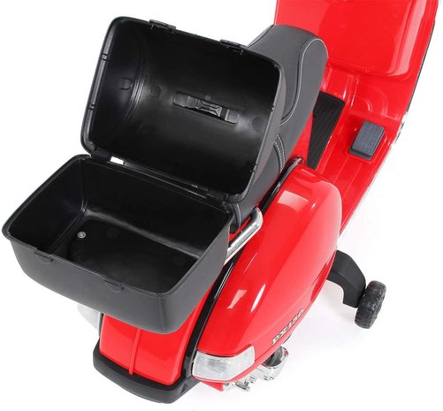 Elektrische Kinderscooter Vespa PX150 Piaggio Rood 12V met Koffer en Lederen zitting 