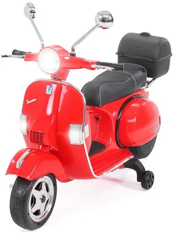 Elektrische Kinderscooter Vespa PX150 Piaggio Rood 12V met Koffer en Lederen zitting 