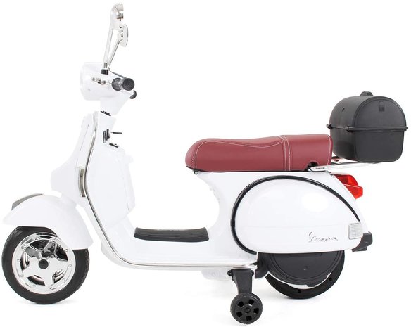 Elektrische Kinderscooter Vespa PX150 Piaggio Wit 12V met Koffer en Lederen zitting 