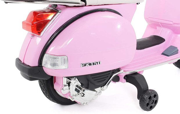 Elektrische Kinderscooter Vespa PX150 Piaggio Roze 12V met Koffer en Lederen zitting 