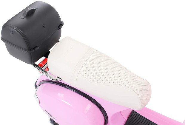 Elektrische Kinderscooter Vespa PX150 Piaggio Roze 12V met Koffer en Lederen zitting 