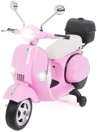 Elektrische Kinderscooter Vespa PX150 Piaggio Roze 12V met Koffer en Lederen zitting 