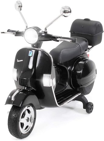 Elektrische Kinderscooter Vespa PX150 Piaggio Zwart 12V met Koffer en Lederen zitting 