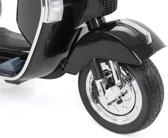 Elektrische Kinderscooter Vespa PX150 Piaggio Zwart 12V met Koffer en Lederen zitting 